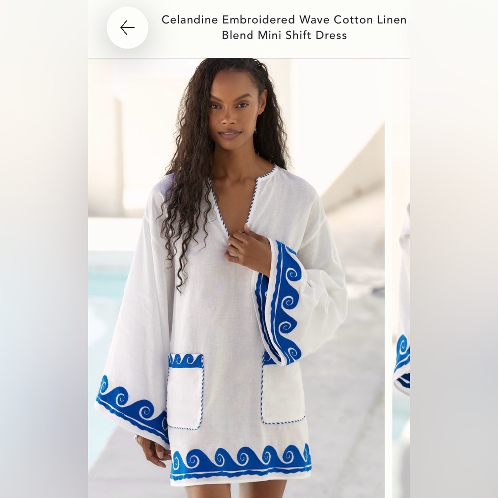 Celandine Embroidered Wave Cotton Linen Blend Mini Shift Dress